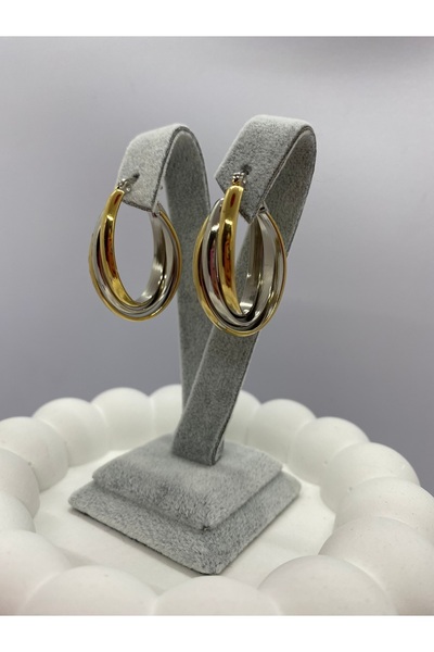 LUCKY B&E RENKLİ ÜÇLÜ BİRLEŞİK HALKA ÇELİK KÜPE GOLD-SİLVER