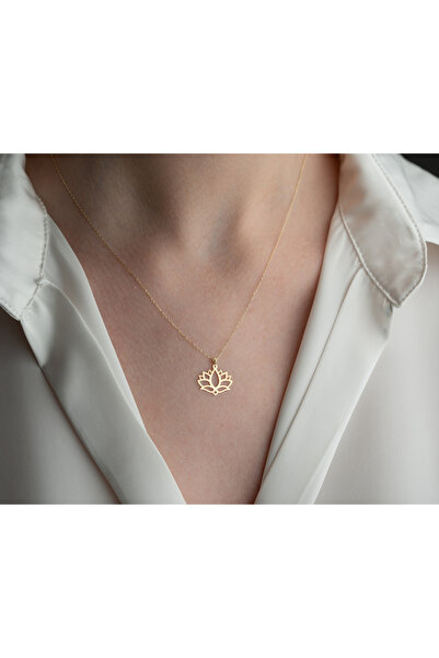 Minimal Kolye 14 Ayar Altın Lotus Çiçeği Kolye Minimalist Hafif Kolye, 1,2 cm Genişlik