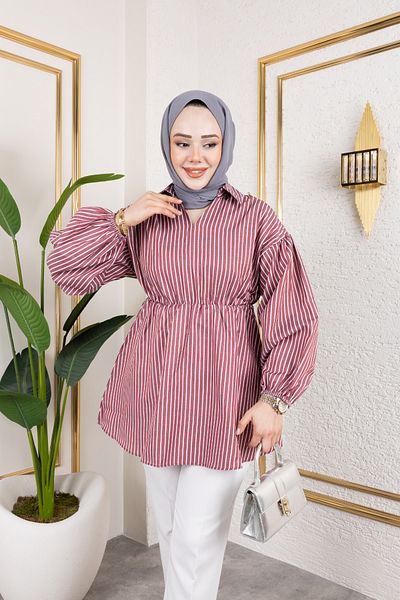 Eliva Women's Burgundy White Striped Satin Hijab Shirt with Elastic Waist