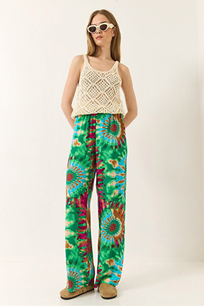 Bianco Lucci Women's Elastic Waist Patterned Pocket Detailed Flowy Viscose Palazzo Trousers 60284035