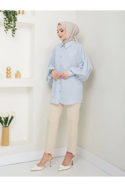 EFSUN MODA Cămașă Jesica albastră - dungi cu model, mărime standard, mânecă lungă 2506