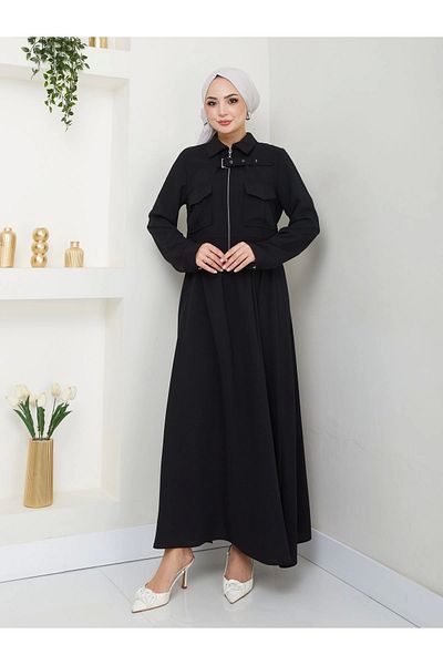 EFSUN MODA Black Hijab Set - with Skirt, Pocket, Zipper, Jacket