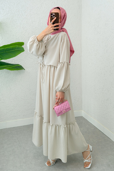 Salih Çelebi Balon Kol Bolerolu Elbise Takım 2271 - TAŞ RENGİ