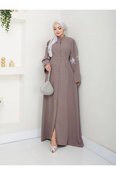 EFSUN MODA KELEBEK BASKI ABAYA TESETTÜR GIYIM KADIN FERACE ELBISE VİZON