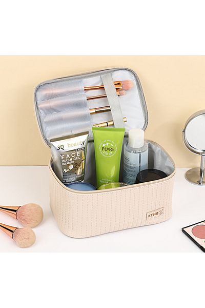 ECARLA Foldable cosmetic bag with two compartments, beige
