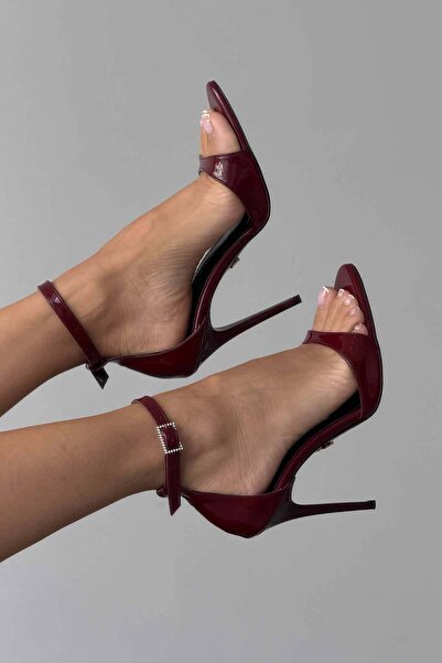 AYAKKABI PRENSİ Halsey Stone Buckle Detailed Ankle Strap Cherry 10 cm Women's Classic Heeled Shoes