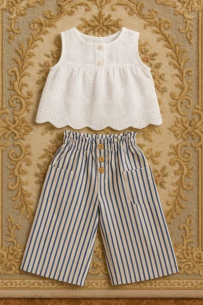 Midani Store Girl's Lace Trimmed Tank Top and Striped Wide Leg Pants Set (Ages 2-5)
