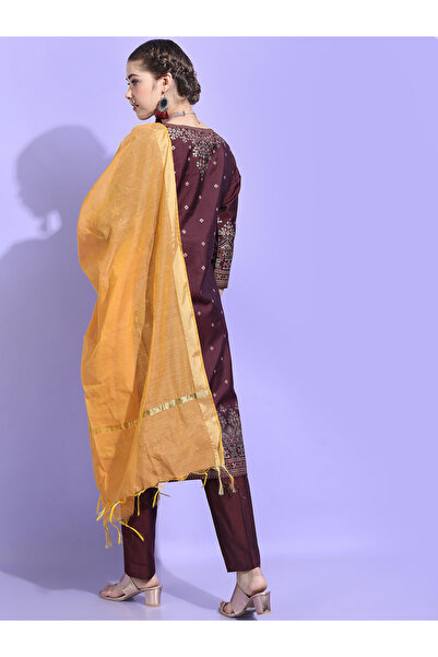 Vishudh By Styli Burgundy Printed Viscose Rayon Kurta Set with Dupatta