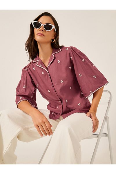 Styli Embroidered Notch Lapel Buttoned Top with Flared Sleeves
