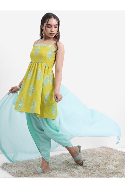 Vishudh By Styli Green Floral Printed A-line Kurta with Dhoti Pants & Dupatta