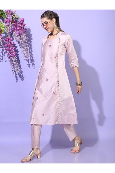 Vishudh By Styli Women Pink Embroidered Kurta Set with Trousers
