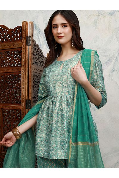 Vishudh By Styli Blue Printed Keyhole Neck Sharara