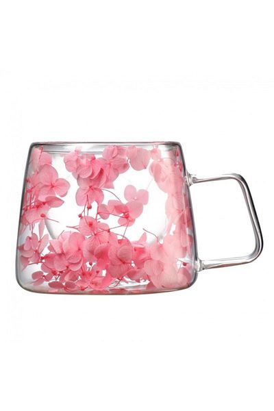 ECARLA Cană roz cu flori uscate, pereți dubli, sticlă borosilicată, izolație termică, hortensie, 180 ml
