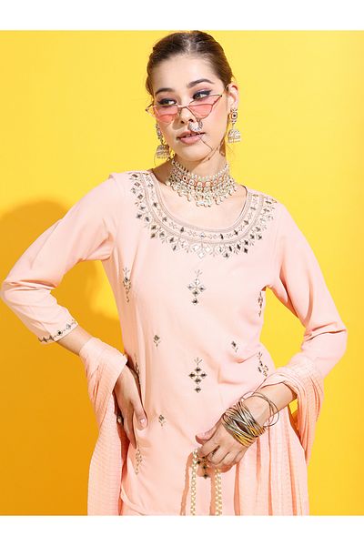 Vishudh By Styli Peach Mirror Work Kurta Set with Sharara & Dupatta