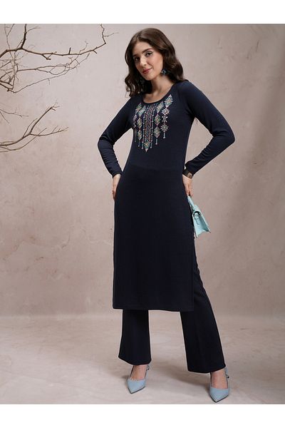 Vishudh By Styli Blue Embroidered Polycotton Kurta Set for Women