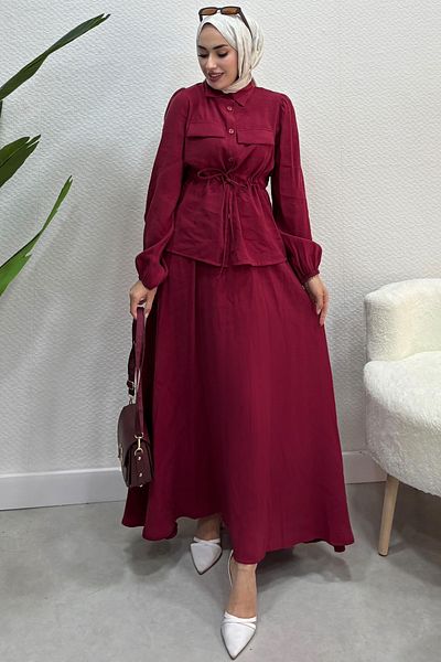 Tesettür Diyarı Γυναικείο Σετ Φούστα Hijab με δεμένη μέση Claret Red