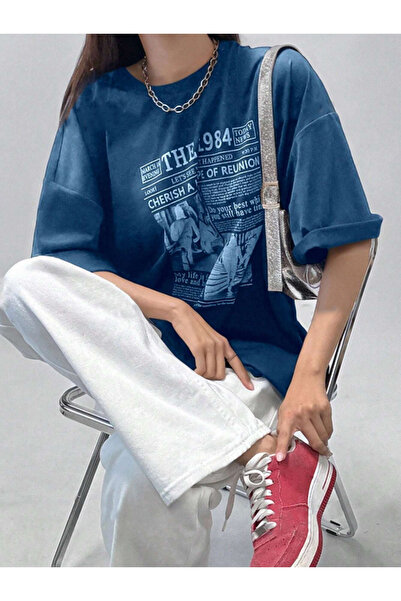 Revasser Unisex Erkek/Kadın The 1984 Özel Baskılı Oversize Pamuklu Bisiklet Yaka T-Shirt