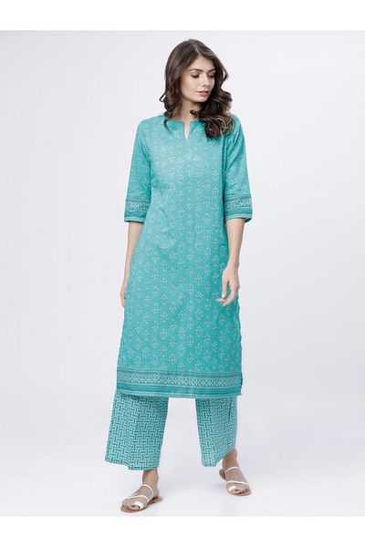 Vishudh By Styli Women Printed Cotton Kurta Set with Palazzos - Sea Green & White