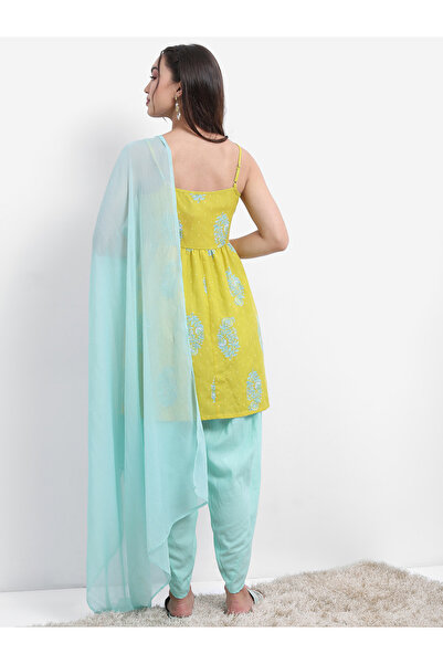 Vishudh By Styli Green Floral Printed A-line Kurta with Dhoti Pants & Dupatta