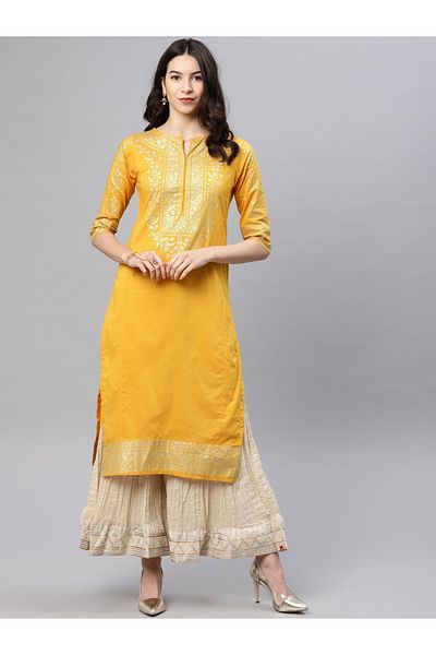 Vishudh By Styli Women Mustard & Gold-Toned Solid Straight Kurta