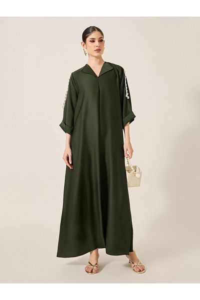 Styli Lace Detail Embroidered A-Line Belted Jalabyia