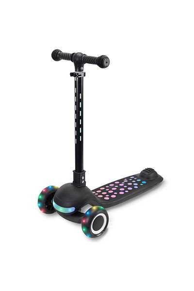 ACTION ONE Trotineta pliabila Dots cu lumina frontala, pe maner si platforma, muzica si roti luminoase, negru