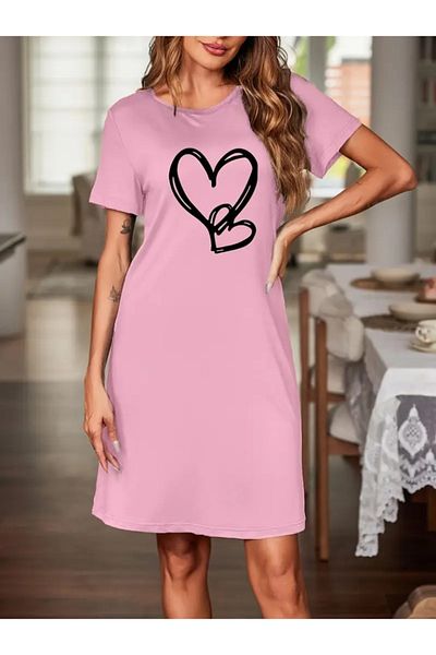 leyla sanat sanata yeni bir bakış açısı Leyla Art a New Perspective on Art Women's Short Sleeve Crew Neck Heart Print Viscose Dress