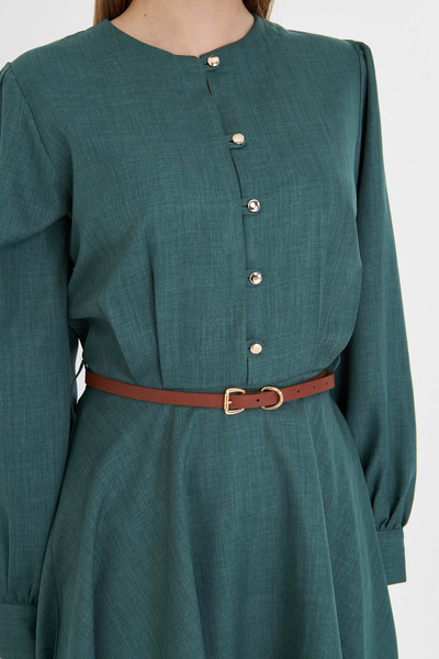 armonika Kadın Koyu Yeşil Sıfır Yaka Önden Düğmeli Kolları Manşetli Kemerli Kloş Elbise ARM-25Y001006