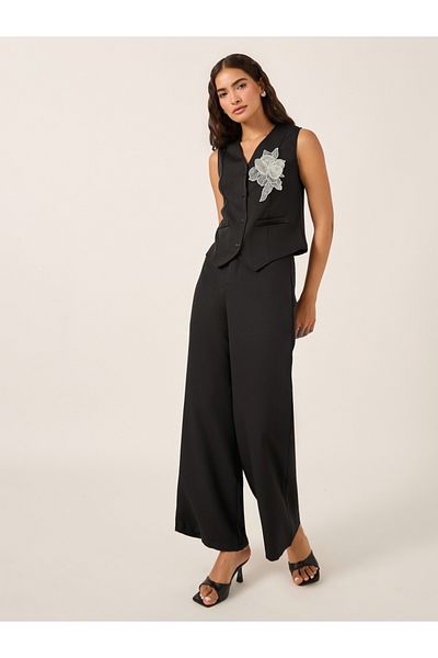 Styli Embellished Textured Waistcoat and Wide Leg Pants Co-Ords