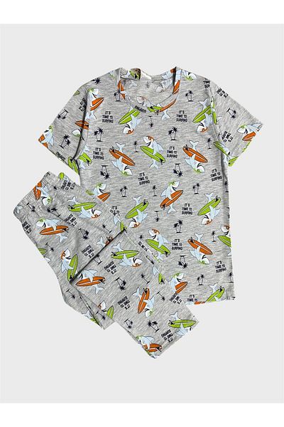 ALİŞ KİDS Boys' Cotton Gray Whale Patterned Short Sleeve Summer Pajama Set