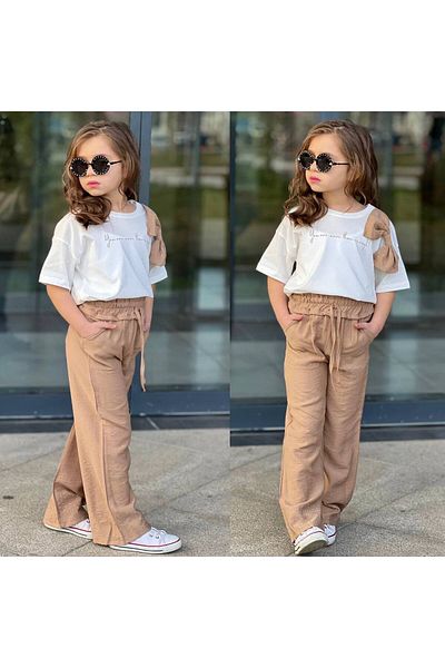 tunays shopping Bow Detailed Girl's Linen Bottom Top Set