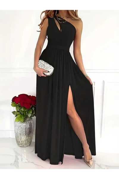 Kokosh moda Kadın Asimetrik Yaka Yırtmaçlı Maxi Boy Krep Abiye Elbise