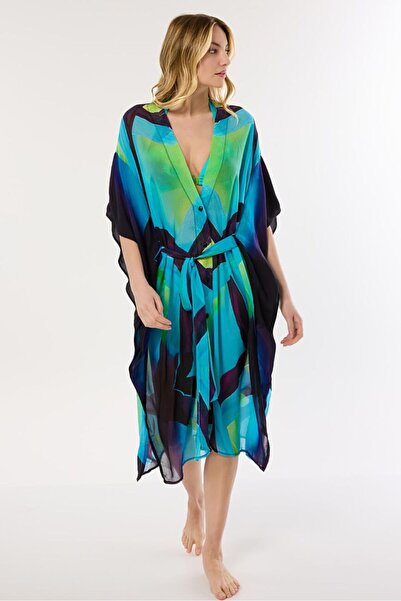 AYYILDIZ 4800 Blue Green Patterned Beach Dress