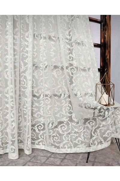 Art Perde 2 Wings Colorful White Ivy Pattern Laced Tulle Background Curtain 2 Wings