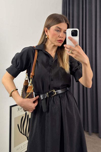Sue Store Set fustă cămașă din satin negru