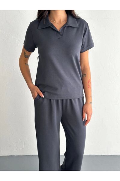 modaserdem Osy Modal Soft Textured Fabric Short Sleeve Collared T-Shirt Pantalon Double Set - Anthracite