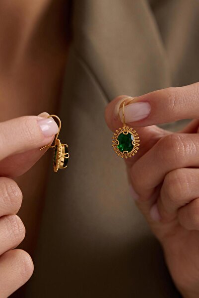 Bayar Gold 14 Ayar Altın Yeşil Güneş Taşlı Küpe