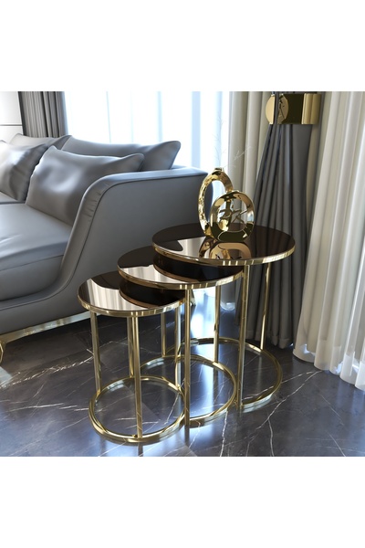 Home Ceylin 3'lü Zigon Sehpa Gold Ayak Bronz Ayna