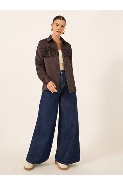 Styli Solid Lace Insert Regular Fit Shirt with Fringe Detail