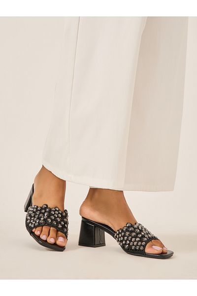 Styli Embellished Wide Strap Block Heel Sandals
