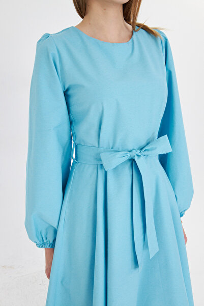 armonika Tyrkysové šaty Midi s dlouhým rukávem - zadní část na zip - výstřih