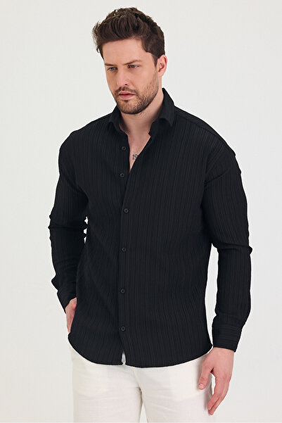 Tarz Cool Erkek Kendinden Çizgi Detaylı Slim Fit Dar Kalıp Uzun Kol Gömlek