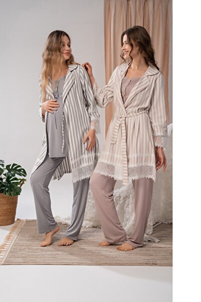 LOHOUSE Women's Gray Woven Striped Design Maternity Pregnant Dressing Gown 3-Piece Pajama Suit Set