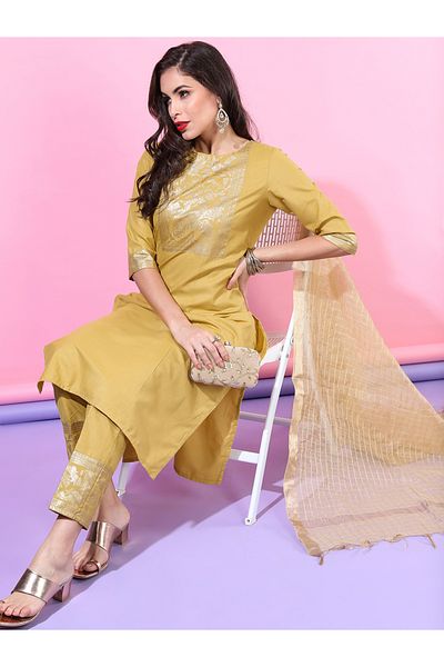 Vishudh By Styli Women Yellow Printed Kurta Set with Dupatta