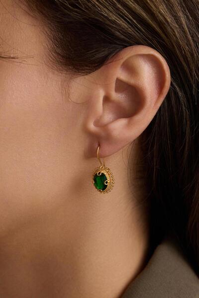 Bayar Gold 14 Ayar Altın Yeşil Güneş Taşlı Küpe