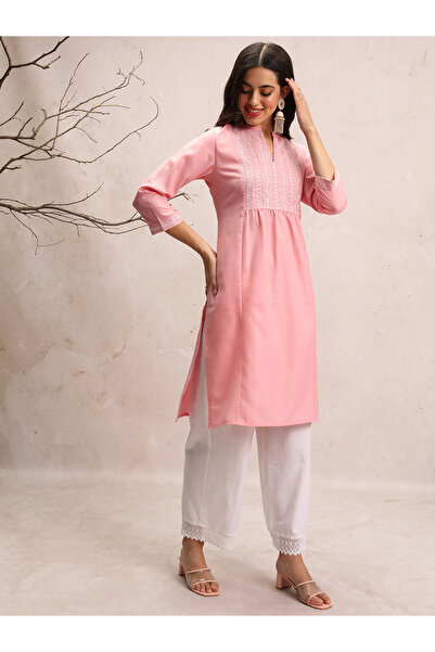 Vishudh By Styli Ethnic Motifs Yoke Design Thread Work Mandarin Collar Straight Kurta