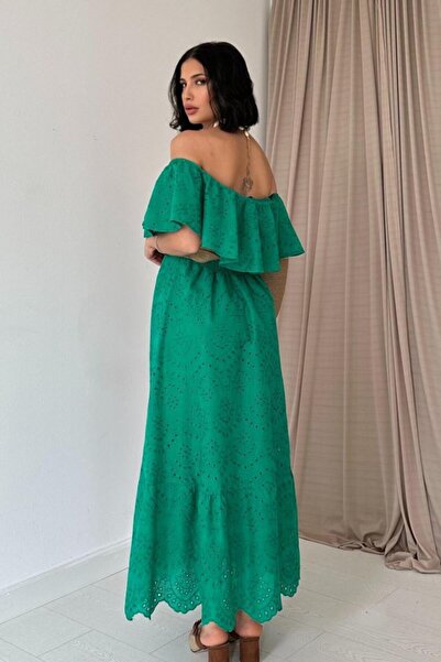 buğrahayalin Green Elastic Shoulder Embroidery Dress