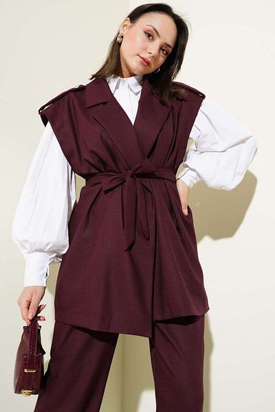 MODAMERSİ Women's Burgundy Striped Shoulder Epaulet Belted Vest Double Set