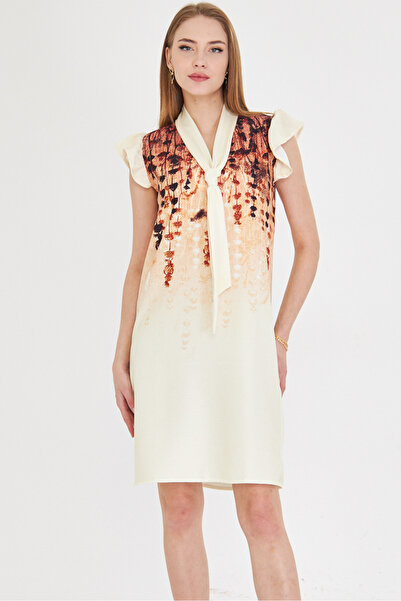 armonika Жіноче плаття відкритого кавового кольору з V-подібним вирізом, рукавами з воланами та краваткою ARM-25Y001023