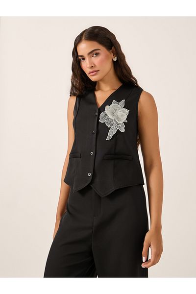 Styli Embellished Textured Waistcoat and Wide Leg Pants Co-Ords